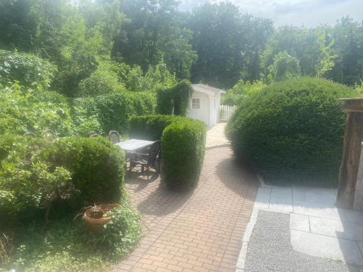 Grüner Gartenweg mit Buchsbaumhecken und einem Tisch aus Holz.